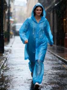 两件套包含雨衣和雨裤，加厚成人防水雨衣和雨裤，带帽全身雨衣，便携式户外防水外套，长袖连体雨衣，适合成人户外骑行、徒步旅行 - 女款雨衣 - 查看 4