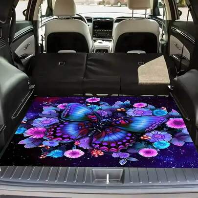 1 pieza Alfombrilla para maletero con diseño de mariposa cósmica y flores en fieltro, de 29.5x39.4 pulgadas, ajuste universal para automóvil, fácil de limpiar, resistente a arañazos y polvo, excelente para decoración y regalo de coche