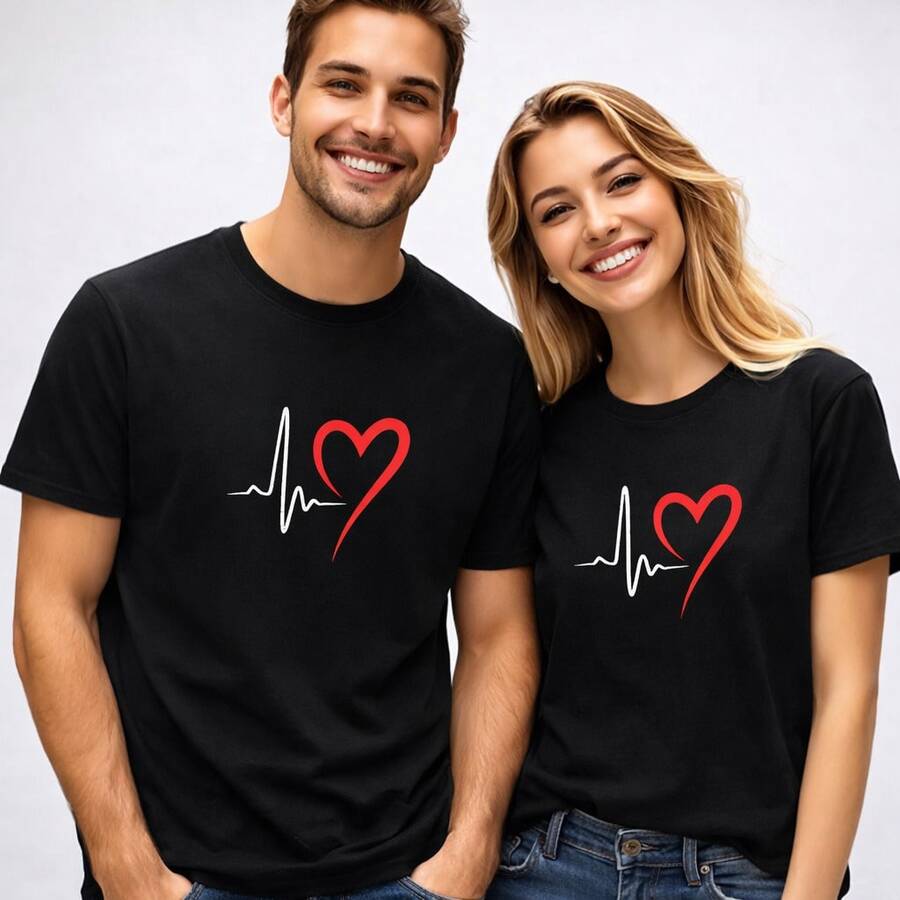 Camiseta con estampado de latidos y corazones, camisetas para parejas, conjuntos a juego para el Día de San Valentín, uso diario, regalos de cumpleaños, regalos de Halloween, o como camiseta conmemorativa para amigos o seres queridos. También adecuada como suéter. Entrega rápida. - Mujer oscura - Ver 1
