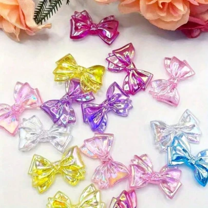 50PCS Rainbow Color Acrylic Bow Beads, Transparent Color Changing Ribbon Loops, Suitable For DIY Crafts, Keychains, Mobile Phone Accessories, Jewelry Making