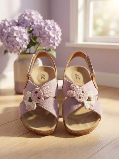 3-12 Years Old Children's Light Purple Rabbit Pattern Embroidered Girls' Sandals. Made Of Leather And Plush Material, 3D Woven Rabbit Decor. Adjustable Hook And Loop Strap. Soft Cork Midsole And Non-Slip Rubber Outsole. Cute And Playful Style, Versatile For Spring And Summer Daily Wear.