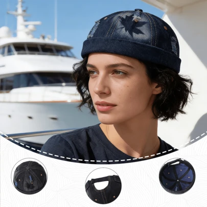 1顶女士复古米奇帽，枫叶图案，毛边细节，可调节魔术贴带，可爱复古风，都市时尚与户外造型的理想之选。