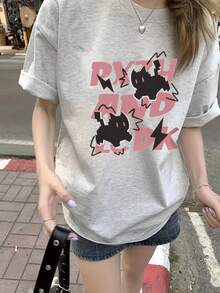 Japanese Style Loose Street Fashion Rabbit Graphic Print Short Sleeve T-Shirt, Summer - Light Grey - View 1