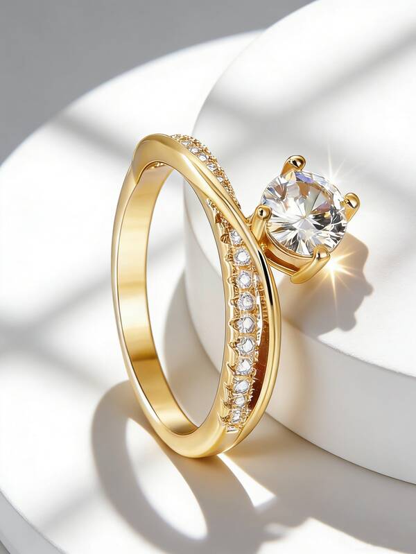 Charm-In 18K Gold Plated Copper Ring Swirl Bypass Cross Over Design Round Cut Cubic Zirconia Solitaire Engagement Ring For Women Bridal Jewelry