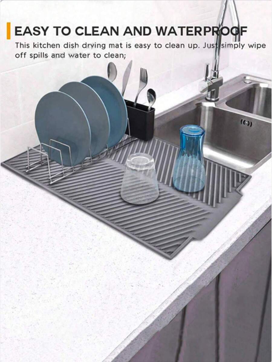 Silicone Drying Mat, Widened Edge - Non-Slip Kitchen Countertop Dish Drying Rack, Soft & Odor-Resistant Drying Pad - Grey - View 1