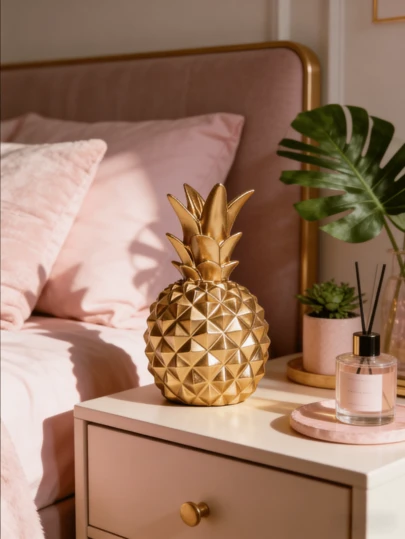 A Pineapple-Shaped Decorative Craft, A Resin Pineapple Statue, Gold In Color, A Modern Minimalist Style Art Sculpture, Suitable For Living Rooms, Bedrooms, Offices, Desktops, Porches, And Piano Table Decorations.