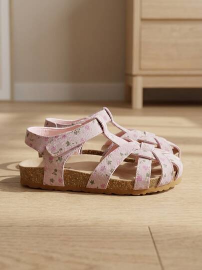 Sandal buộc dây dệt cho bé gái 3-12 tuổi, màu hồng hình trái tim và hoa nhí, làm từ lông chồn và vải nhung mềm mại. Quai đan chéo nhiều lớp, quai gót có thể điều chỉnh. Đế giữa bằng nút bần mềm, đế ngoài bằng cao su chống trượt. Phong cách công chúa đồng quê dịu dàng, thích hợp cho trang phục thường ngày mùa xuân/hè.