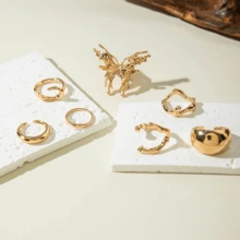 Anillos irregulares de estilo europeo y americano, juego de anillos de metal con mariposa retro, juego de anillos geométricos exagerados de oro - HJJZ009 - Ver 1