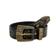 Dernière ceinture pour femmes, mat noir, boucle sculptée, rivets en forme d'étoile à cinq branches, rivets à pois, style western, compétition de cow-boy, punk du millénaire moto vintage, solide décoration de taille - Noir - Voir 7