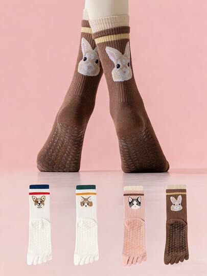 4 Pairs Women Cute 5 Toe Yoga Pilates Socks, Comfortable Crew Length Sports Socks, Non-Slip Grippy White Socks, Full-Finger Design For Toe Separation, Adorable Bunny Pattern, Ideal For Yoga, Pilates, Barre, Dance, Fitness & Home Workouts,4 Seasons.