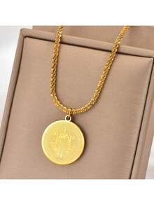 1件不锈钢镀金圆形玛丽吊坠项链，复古时尚个性化设计，适合男士、女士、情侣、街头风、日常佩戴、派对佩戴 - 金黃色 - 查看 1