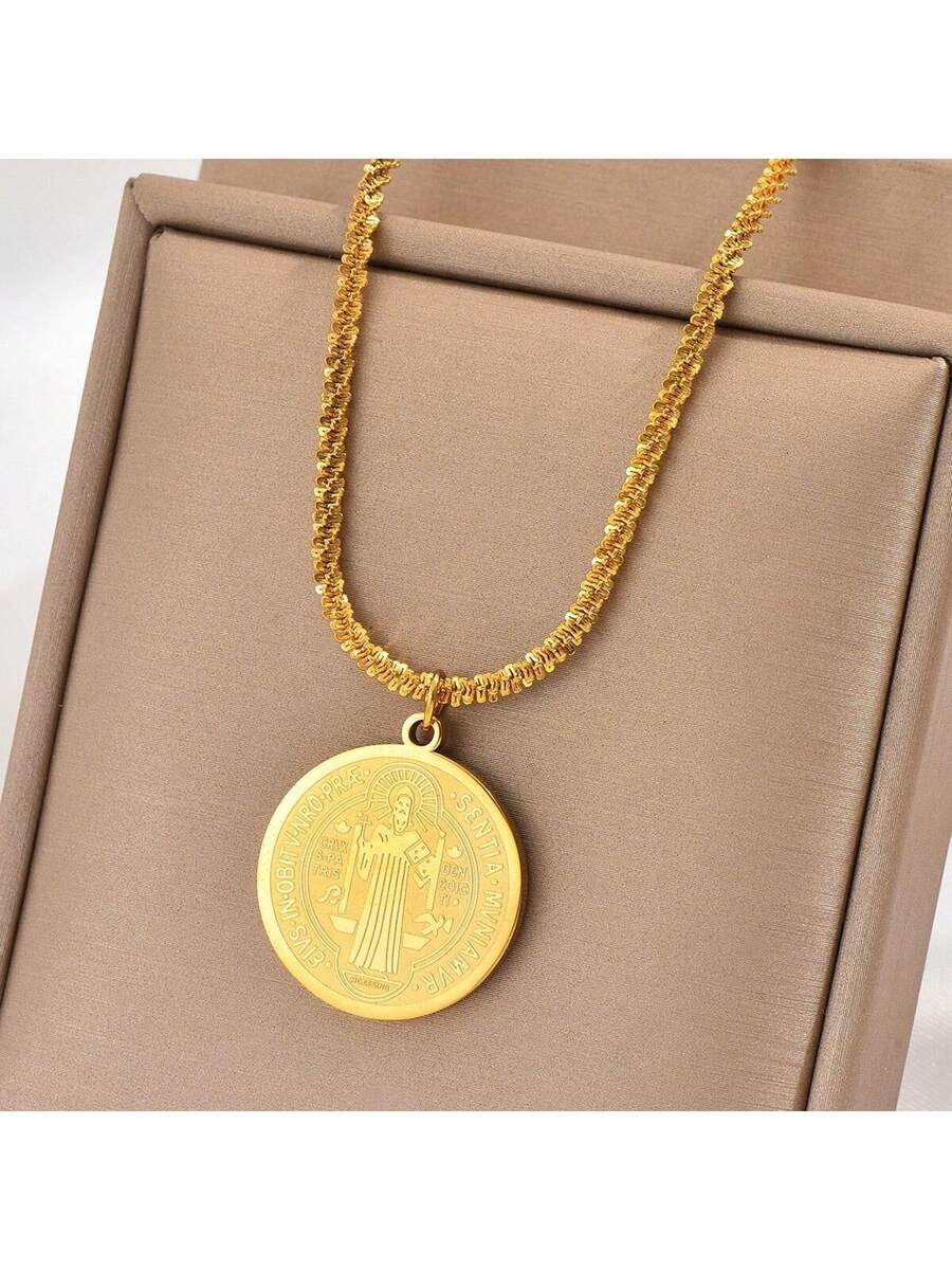 1件不锈钢镀金圆形玛丽吊坠项链，复古时尚个性化设计，适合男士、女士、情侣、街头风、日常佩戴、派对佩戴 - 金黃色 - 查看 1