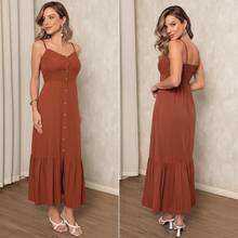Elegant Women's Long Dress With Padded Cups, Lining, Adjustable Straps, And Front Buttons - Burnt Orange - View 6