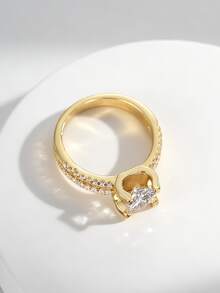 Charm-In Nhẫn đồng mạ vàng 18K kiểu dáng hiện đại, hai vòng, đính đá Cubic Zirconia tròn, thích hợp làm nhẫn đính hôn cho nữ, cưới, kỷ niệm hoặc đeo hàng ngày. - Vàng - Xem 2