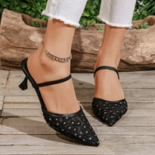 Mesh Floral Pointed Toe Mule Stilettos, Breathable Mesh Upper, Elegant High Heels Suitable For Commuting And Daily Wear - Black - View 1