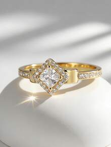 Charm-In 18K Gold Plated Copper Ring Geometric Square Halo Design Princess Cut Cubic Zirconia Solitaire Engagement Ring For Women Jewelry - Gold - View 3