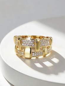 Charm-In 18K Gold Plated Copper Ring Chunky Basket Weave Grid Design Paved Cubic Zirconia Statement Ring For Women Fashion Jewelry - Gold - View 1
