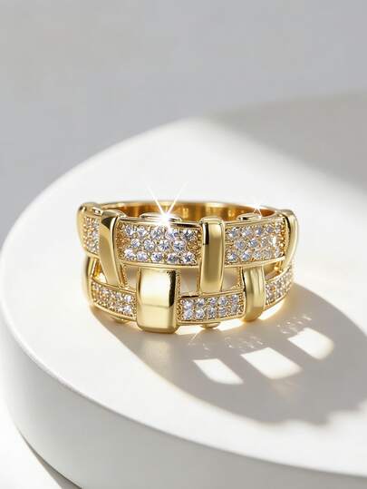Charm-In 18K Gold Plated Copper Ring Chunky Basket Weave Grid Design Paved Cubic Zirconia Statement Ring For Women Fashion Jewelry