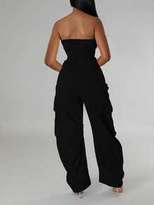 Elegant Women's Black Sleeveless Strapless Unitard Jumpsuit With Pockets, Long Party Style Non-Stretch Fabric - Black - View 5