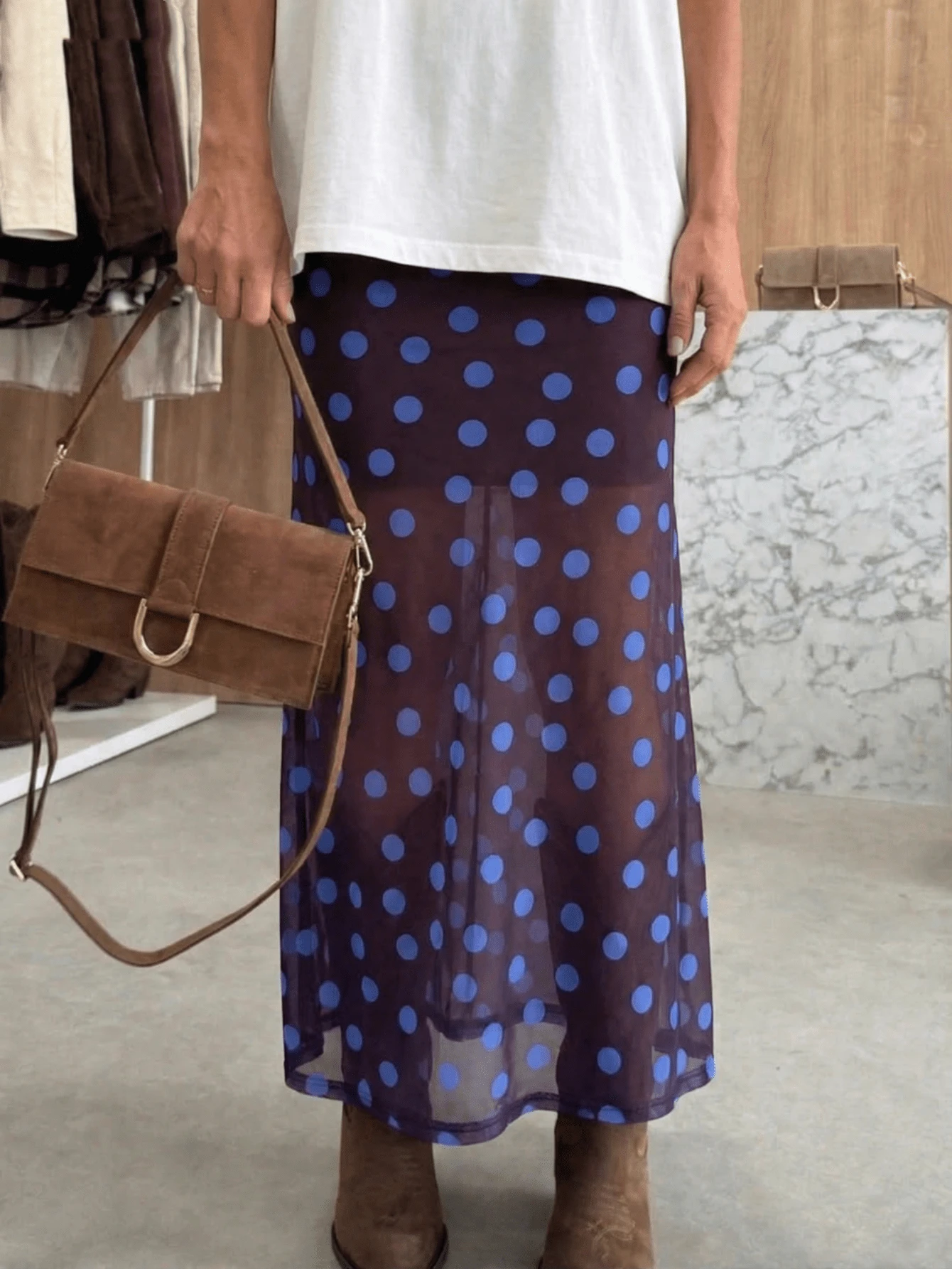 1 chiếc chân váy chấm bi in họa tiết toàn thân, chất liệu polyester, kiểu dáng thường ngày, cạp chun, trang phục nghỉ dưỡng thanh lịch cho kỳ nghỉ xuân/hè. - Màu xanh lam - Xem 1