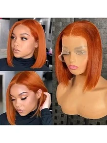 无胶13x4蕾丝前假发，女士直发混纺波波头假发，预先拔毛、预先剪裁，180%密度，基础款假发，适合非洲人，6-16英寸短款波波头假发，混纺假发——真人发与合成纤维混合，黑色/棕色/酒红色/橙色可选 - S350 - 查看 8