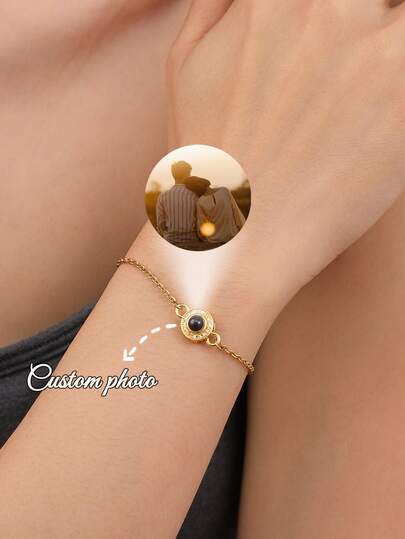 Personalized Custom Photo Projection Bracelet | Rhinestone-Encrusted Round Charm & Delicate Chain Design | Multi-Tone Metal Choices | Fashionable, Simple, Cute, Custom & Unique Sentimental Memorial Gift | Ideal For Couples, Family & Loved Ones | Perfect For Birthdays & Anniversaries