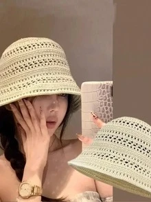 4 opciones de color, Sombrero de cubo para mujer 2026 nuevo verano con diseño calado, sombrero de sol transpirable y ligero, sombrero de cubo de moda - Multicolor - Ver 9