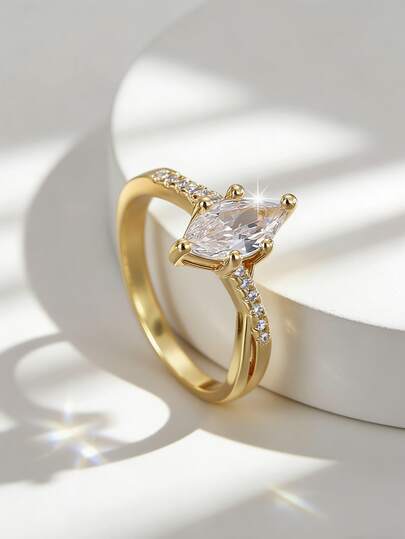 Charm-In 18K Gold Plated Copper Ring Split Shank Design Marquise Cut Cubic Zirconia Solitaire Engagement Ring For Women Jewelry