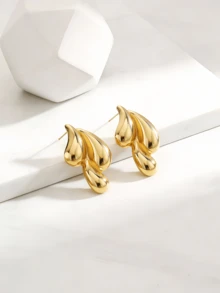 一对不锈钢金色水滴耳环，时尚不对称三水滴耳环，简约奢华百搭耳环，适合女性日常佩戴 - 金色 - 查看 8