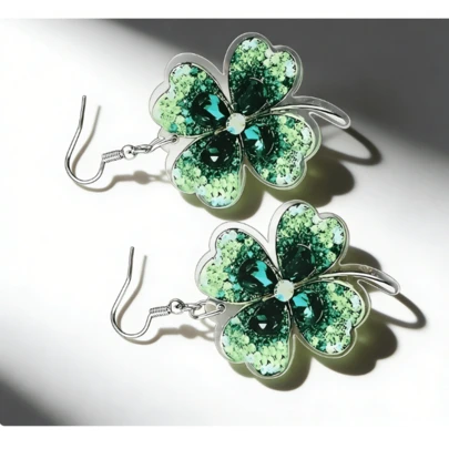 Green Glitter Four Leaf Clover Dangle Earrings, St. Patrick's Day Acrylic Drop Earrings, Lucky Shamrock Fashion Ear Accessories For Women