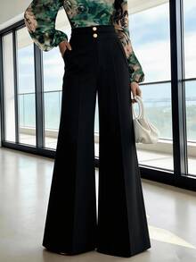 Stylish And Urban Suit Trousers With A High Waist And Flared Leg, Double-Breasted Button Closure, Casual Business Attire, Spring/Summer. - Black - View 2