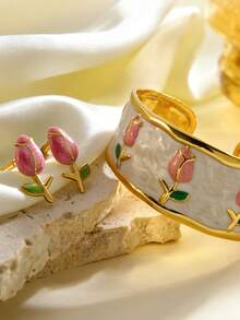 1 Set Of Naturalistic Style Stainless Steel Bracelet And Earrings Decorated With Colorful Enamel Rose Flower Design, Suitable For Women's Fashion Outfits Or As Party/Holiday Gift For Friends - Yellow Gold - View 10