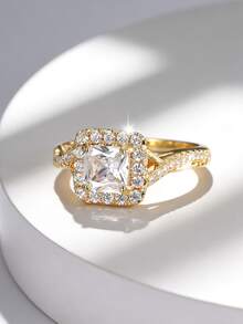 Charm-In Nhẫn vuông Halo Princess Cut đính đá CZ mạ vàng 18K, viền đá nhỏ xung quanh, nhẫn đính ước nguyện, quà tặng kỷ niệm cho cô dâu. - Vàng - Xem 2