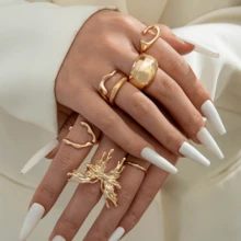 Anillos irregulares de estilo europeo y americano, juego de anillos de metal con mariposa retro, juego de anillos geométricos exagerados de oro - HJJZ009 - Ver 4