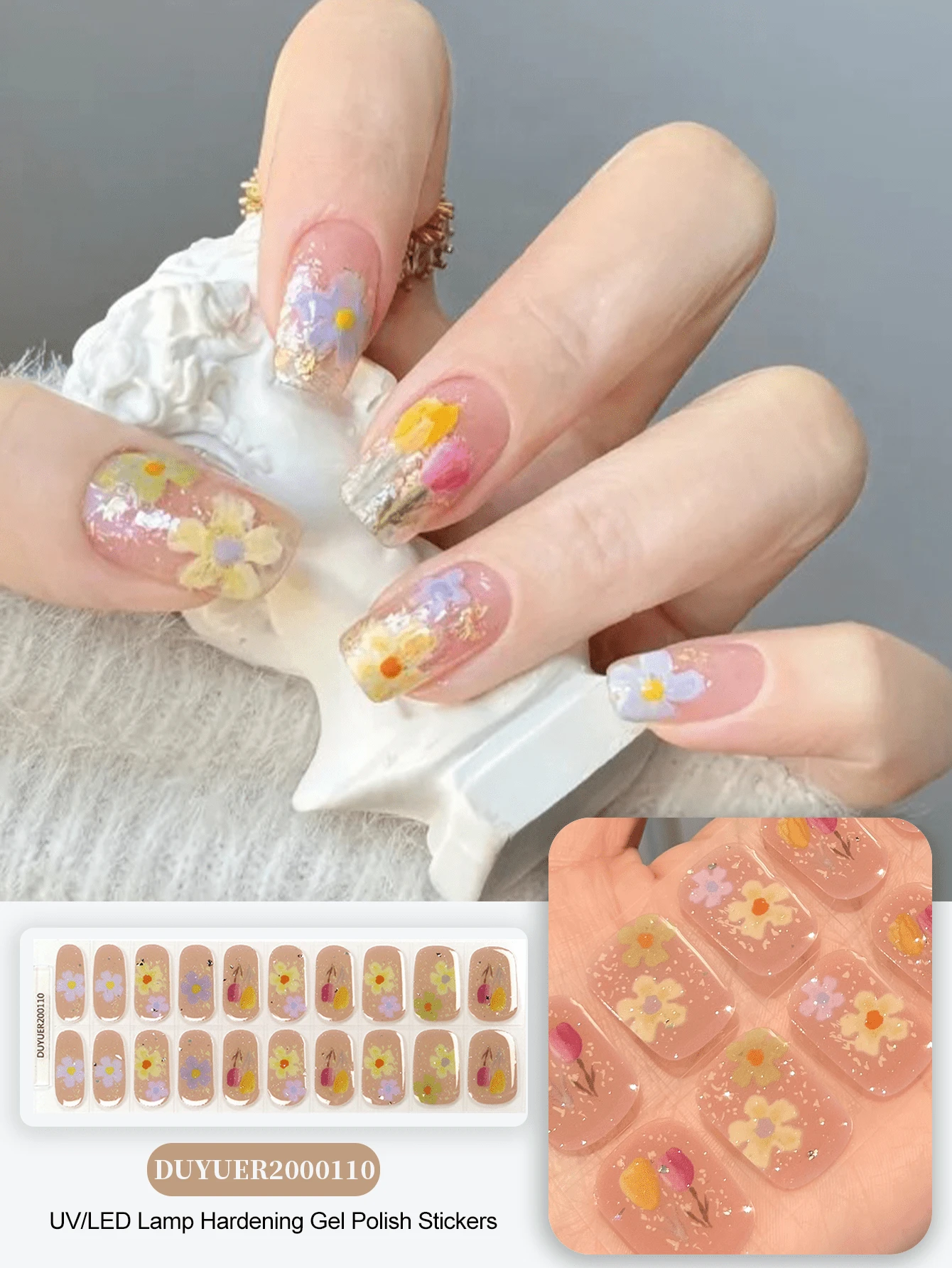 Miếng dán móng tay gel bán khô, 20 miếng, chất lượng salon, bền lâu, dễ dán và gỡ bỏ, có đèn UV.