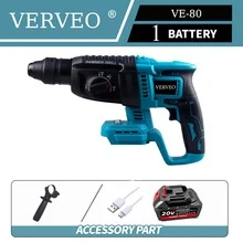 VERVEO 电动工具，20V 无刷电锤，大功率无线冲击钻，适用于各种施工场景，例如承重墙钻孔、瓷砖墙施工和混凝土墙破碎。电池新增 TYP-C 充电功能，并配备全套配件。 - 藍色 - 查看 12