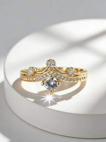 Charm-In 18K Gold Plated Copper Ring Set Vintage Crown Tiara Design Round Cut Cubic Zirconia Engagement & Wedding Ring Enhancer For Women - Gold - View 1