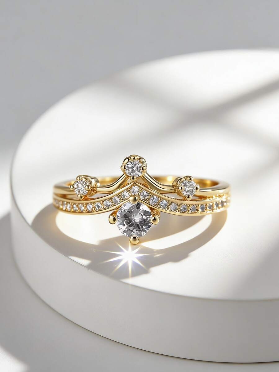 Charm-In 18K Gold Plated Copper Ring Set Vintage Crown Tiara Design Round Cut Cubic Zirconia Engagement & Wedding Ring Enhancer For Women - Gold - View 1