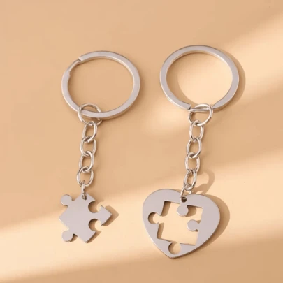 Puzzle Keychain, Creative & Fashionable Interlocking Design, Elegant Stainless Steel Keyring Decoration, High Quality Durable Accessory, Gift For Boyfriend