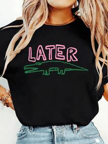 Women Later Gator Funny Crocodile Lightweight Tee, White Pink Breathable All Season Round Neck Top, Machine Washable Daily Playful Fashion Shirt - 黑色 - 查看 14