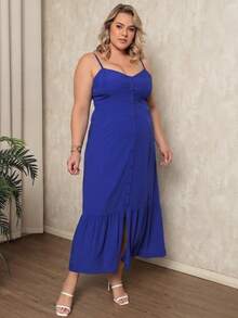 Women's Plus Size Long Dress In Plain Viscose With Padded Bra, Adjustable Straps And Front Buttons - Royal Blue - View 4