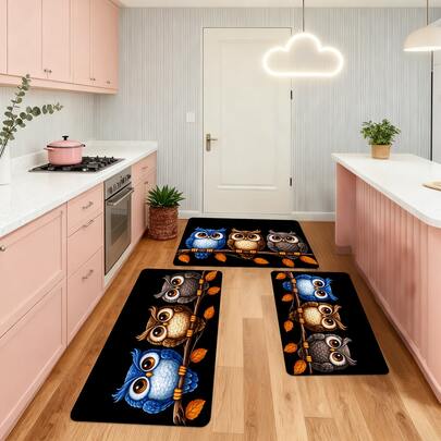 1/2/3pcs Cute Tricolor Owl Pattern Rugs, Suitable For Kitchen, Entrance, Bathroom, Laundry Room And More. Made Of Thick Soft Skin-Friendly Material, Anti-Slip And Wear-Resistant, Easy To Clean.