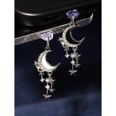 Tapón antipolvo para teléfono con incrustaciones de diamantes en forma de luna y borla, accesorio de colgante de metal de aleación, decoración de colgante de estilo personalizado de alta gama, elegante y romántico al estilo Y2K