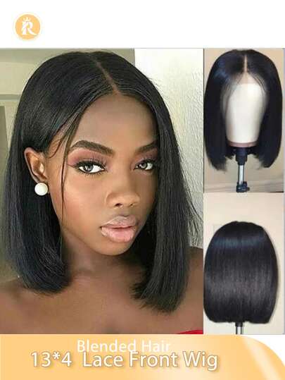 Peluca de cabello recto tipo bob con encaje frontal sin pegamento de 13x4 pulgadas para mujeres, con densidad de 180%, estilo básico, aplicable para africanos de 6-16 pulgadas, mezcla de cabello humano y sintético en colores negro/marrón/burdeos/naranja
