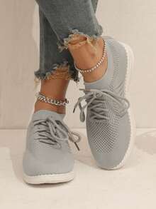 Women's Running Shoes Casual Breathable Sports Shoes Fashionable Lightweight Sneakers Women'S Lightweight Breathable Knit Walking Shoes - Soft EVA/PVC Sole, Low-Top Summer Sneakers With Fabric Upper & Lining, Multiple Colors For Casual & Light Exercise, Ladies Shoes - 灰色 - 查看 3