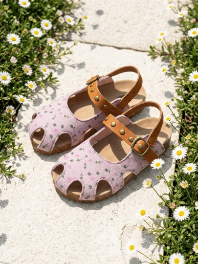 Village Sweet 3-12 Year Old Girls' Lightly Crunched Flower Stud Split Toe Head Cover Slip-On Sandals. Fluffy Fabric Material With Small Pink And Green Floral Prints. Leather Drawstring Straps With Bronze-Colored Stud Decoration. Adjustable Metal Heel Buckle. Soft Wood Midsole With Anti-Slip Rubber Sole. Retro And Gentle Princess Style. Daily Versatile. Spring And Summer Outerwear Sandals!