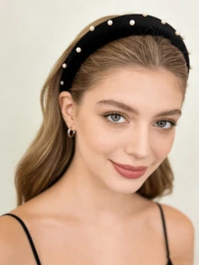 1件黑色天鹅绒手工珍珠发箍，柔软海绵发圈，通勤和约会百搭配饰 - 黑色 - 查看 4