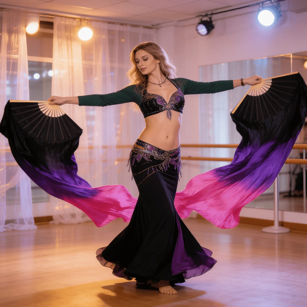 1对（左+右）女士人造丝肚皮舞扇，180厘米长肚皮舞折叠扇，加长舞蹈竹扇