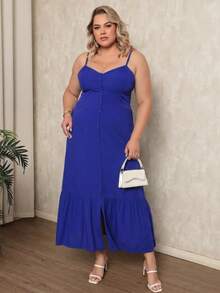 Women's Plus Size Long Dress In Plain Viscose With Padded Bra, Adjustable Straps And Front Buttons - Royal Blue - View 1