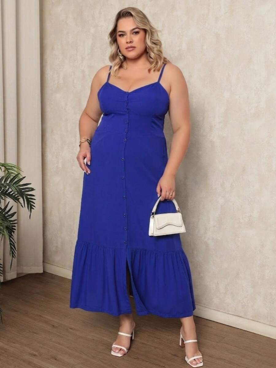 Women's Plus Size Long Dress In Plain Viscose With Padded Bra, Adjustable Straps And Front Buttons - Royal Blue - View 1